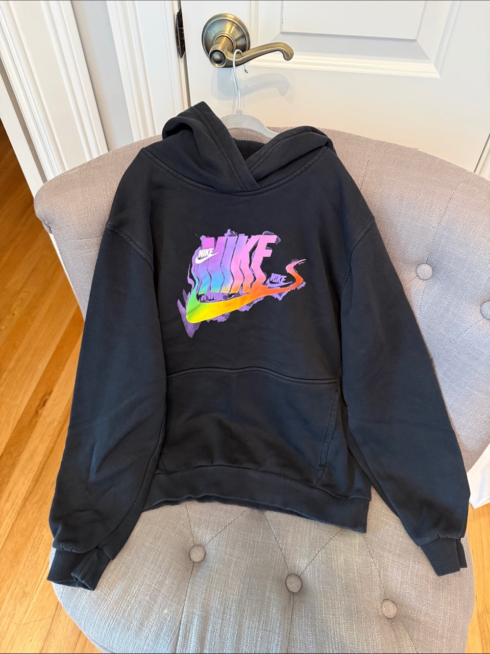 Boys Nike Black Hoodie with Multicolor Rainbow Swoosh. Great condition. Size L